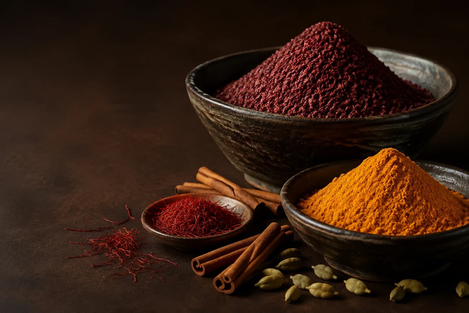 Colourful spices arranged against a dark background